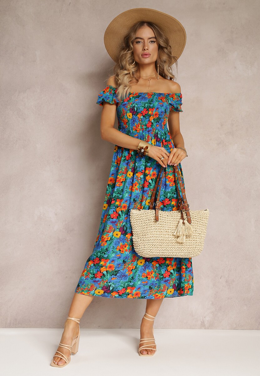 Niebieska Wiskozowa Sukienka Midi O Fasonie Hiszpanki w Kwiatowy Print Ambersen