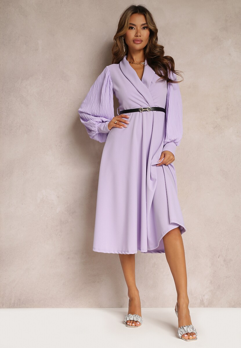 Fioletowa Rozkloszowana Sukienka z Paskiem i Długim Rękawem Malaiyah