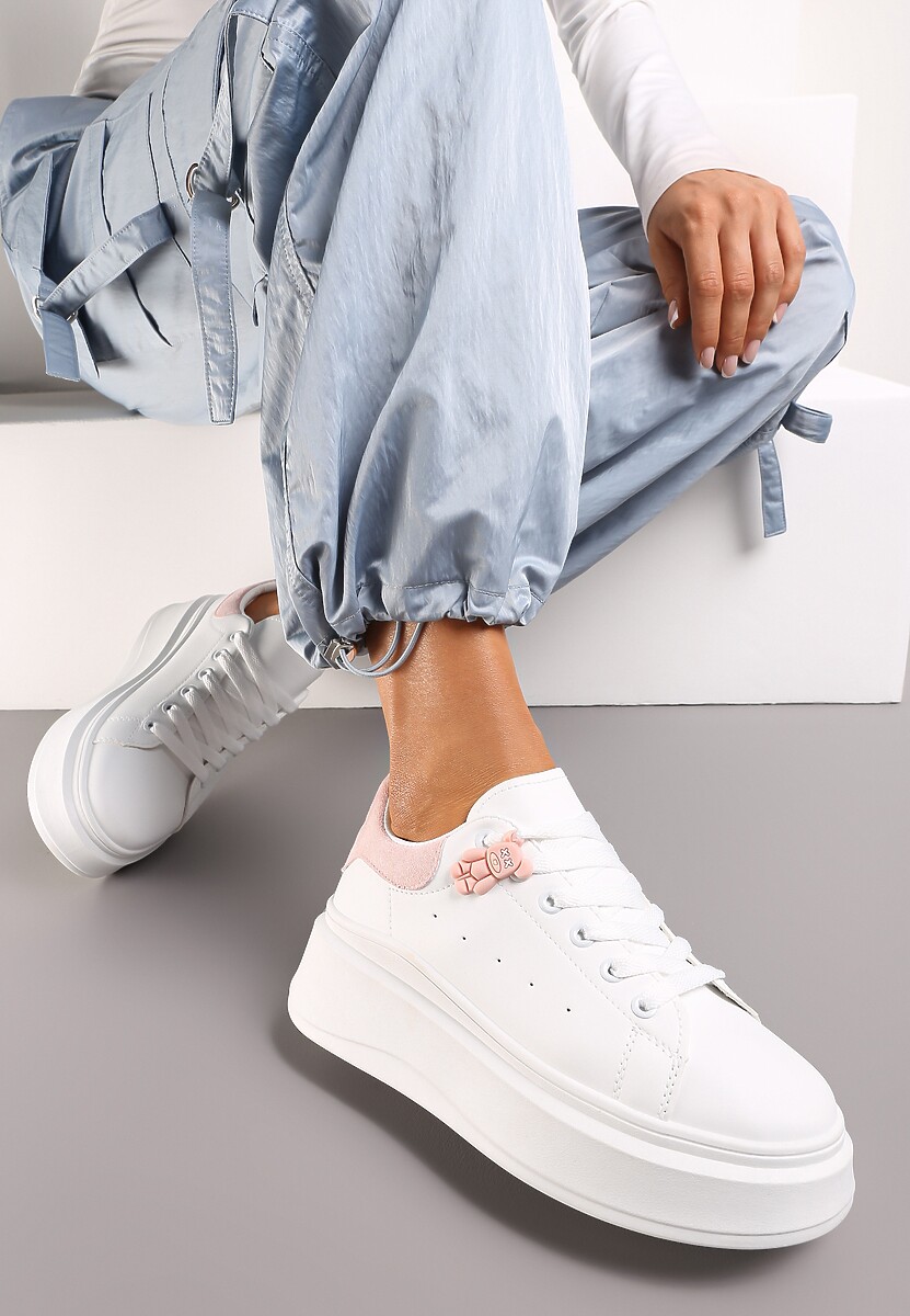 Biało-Różowe Sneakersy przed Kostkę na Platformie Phani