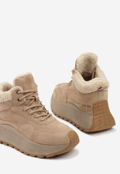 Jasnobrązowe Sneakersy Śniegowce  Vices na Platformie Ozdobione Napisem i Futerkiem Lanite