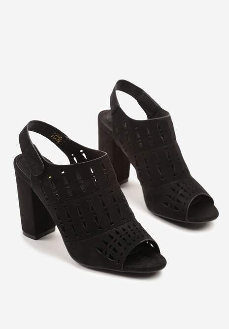 Czarne Ażurowe Sandały na Słupku Vices ze Skórzaną Wkładką Linetelia