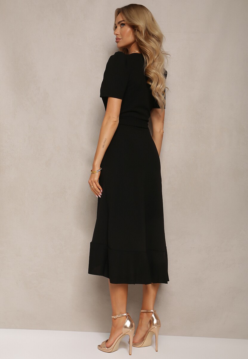 Czarna Kopertowa Sukienka z Falbanką Caronia