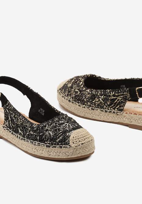 Czarne Ażurowe Espadryle z Odkrytą Piętą i Plecionką na Podeszwie Sanioma
