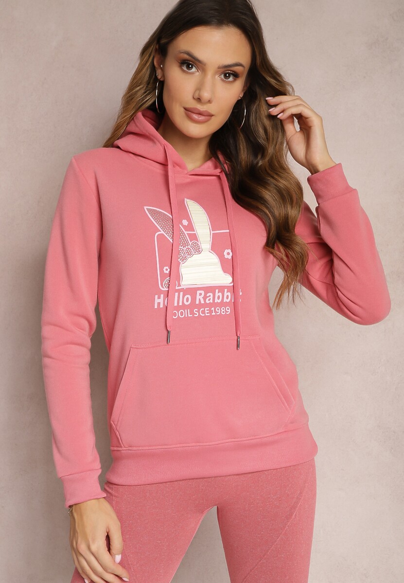 Różowa Bluza z Kapturem i Ozdobnym Nadrukiem Kliorre