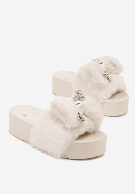 Beżowe Klapki z Futerkiem i Kokardą na Piankowej Platformie Vorea