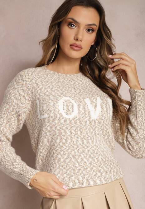 Beżowy Sweter z Ozdobnym Napisem Wykończony Ściągaczami Minisoji