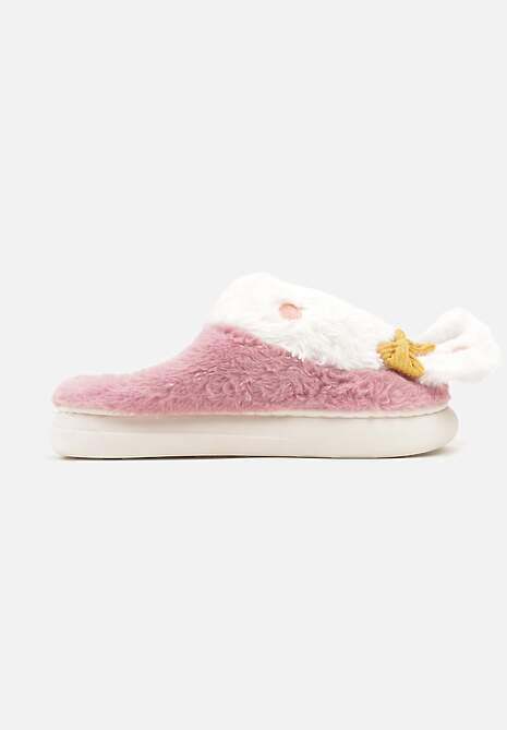Różowe Kapcie na Płaskiej Podeszwie Ozdobione Króliczkiem 3D Temiena