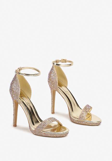 Złote Klasyczne Sandały na Obcasie z Paseczkiem wokół Kostki Ozdobione Cyrkoniami i Brokatem Ezilya