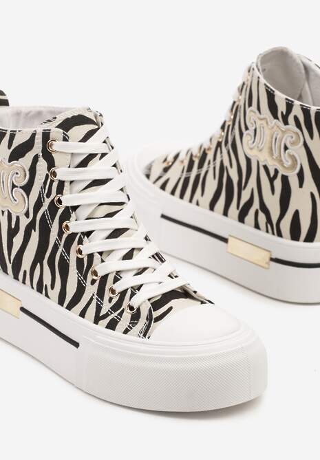 Beżowo-Czarne Trampki na Platformie za Kostkę Ozdobione Printem w Zeberkę i Naszywką Joliris