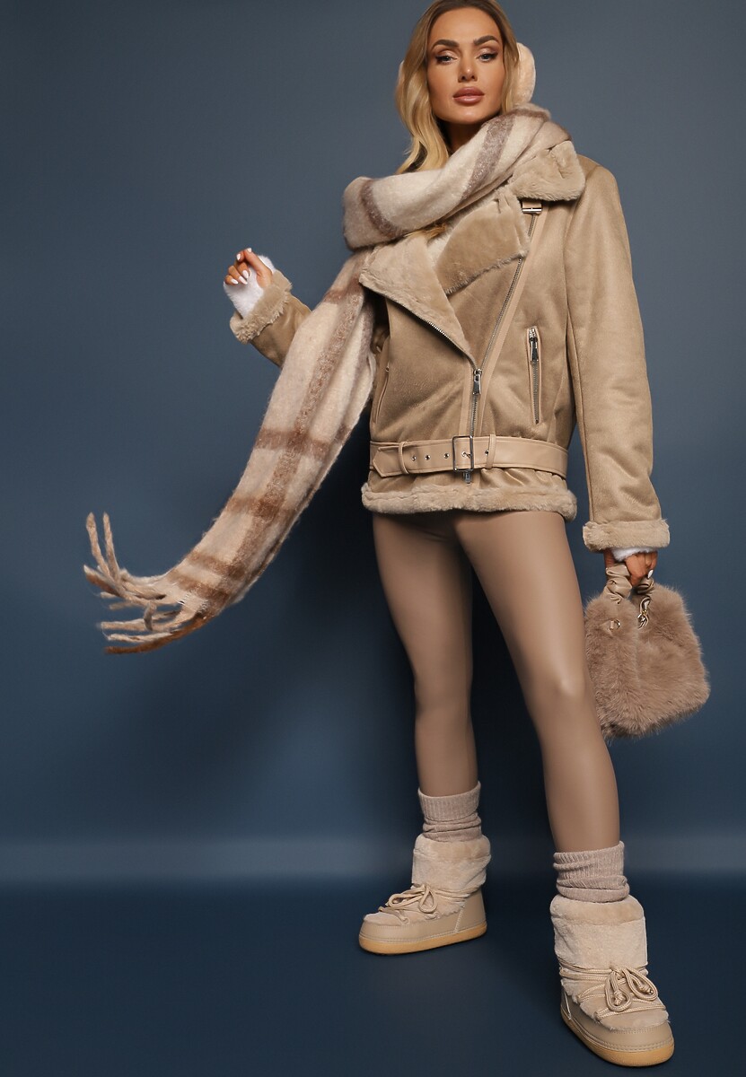 Beżowa Kurtka Biker z Ozdobnym Futerkiem i Paskiem z Klamrą Emaro