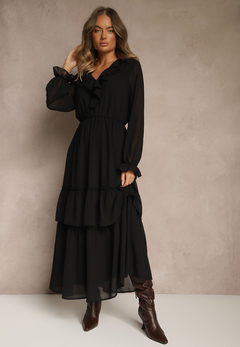 Czarna Rozkloszowana Sukienka VICES z Falbanami i Transparentnymi Rękawami Aruvite