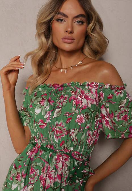 Zielono-Różowa Bawełniana Sukienka Hiszpanka Wiązana w Talii w Kwiatowy Wzór Risarrae