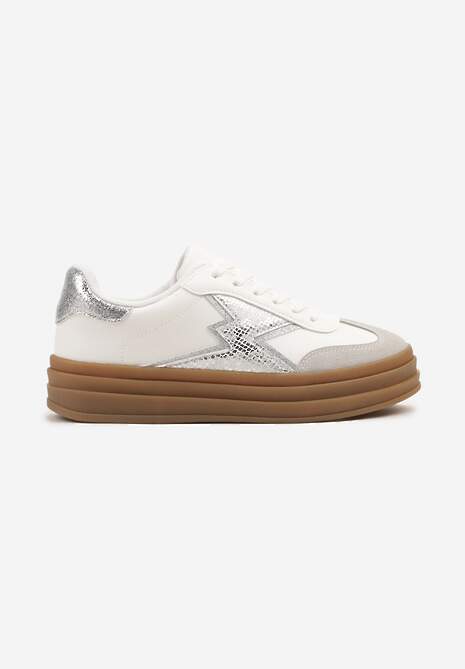 Srebrno-Białe Sneakersy w Stylu Tenisówek Ozdobione Geometrycznym Wzorem Tolivanna