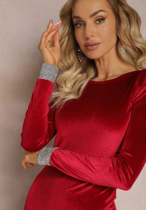 Bordowa Dopasowana Sukienka Welurowa Midi z Metaliczną Nitką Savie