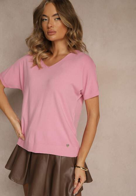 Różowa Bluzka z Dzianiny z Dekoltem w Serek Fenalise