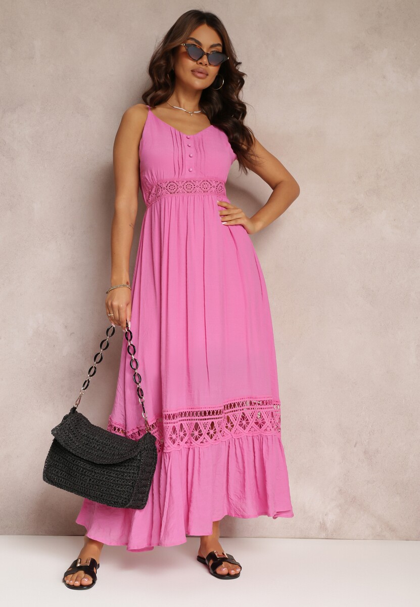 Czarna Rozkloszowana Sukienka Maxi z Falbanką i Koronką Luluma