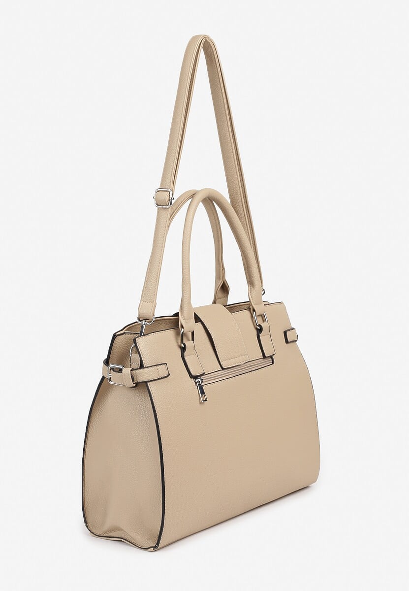 Ciemnobeżowa  Torebka Ozdobiona Klapą i Metaliczną Wstawką Jonavia