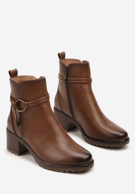 Brązowe Botki na Słupkowym Obcasie Zdobione Aplikacją Tulaviera