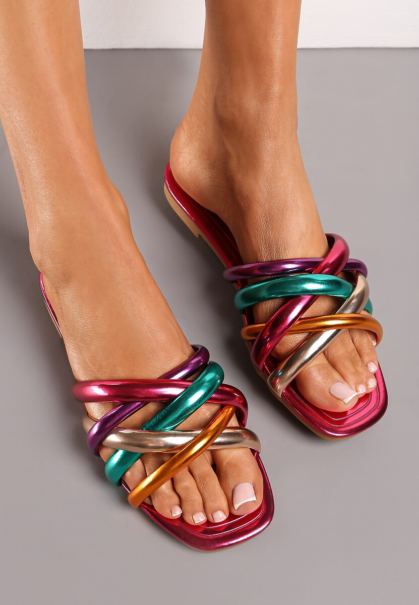 Fuksjowe Płaskie Klapki Otwarte z Ozdobnymi Paskami Vemina