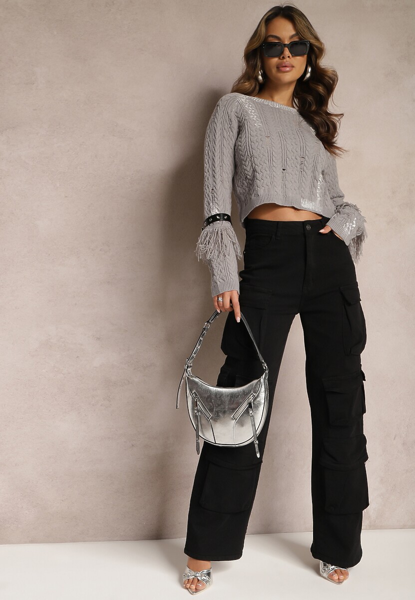 Szary Krótki Sweter z Ozdobnymi Paskami z Ekoskóry i Frędzlami Steviuna