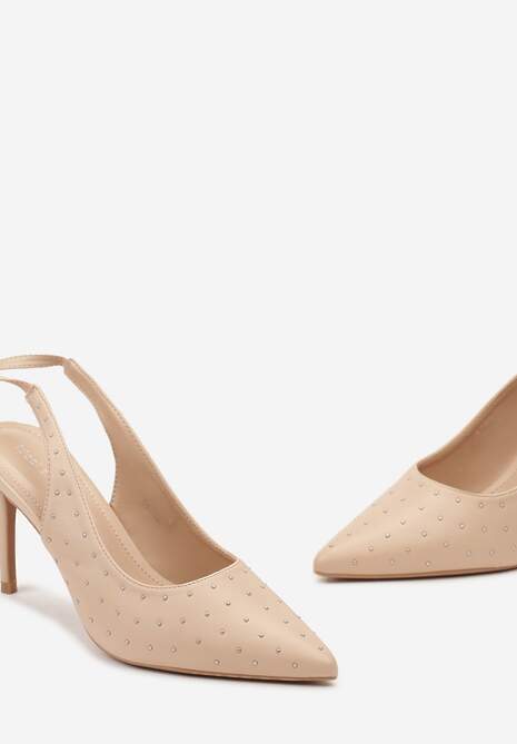 Beżowe Sandały na Szpilce z Wiązanymi Rzemykami i Cyrkoniami Jenglla