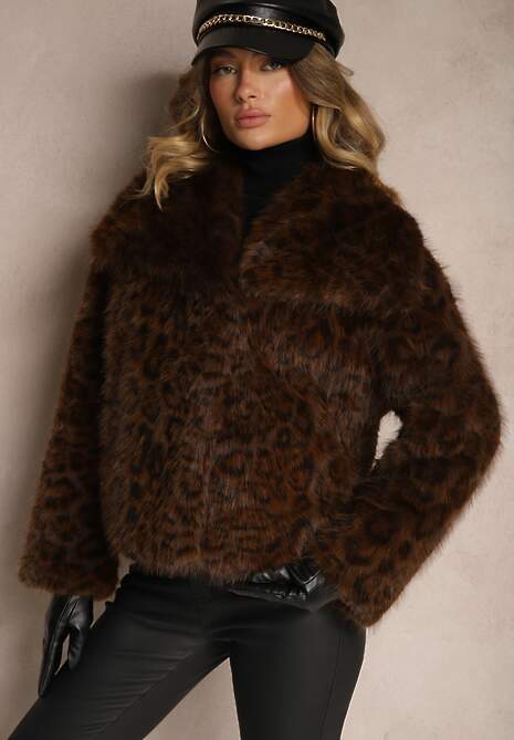 Brązowa Panterkowa Kurtka Futerko z Wsuwanymi Kieszeniami Neliven