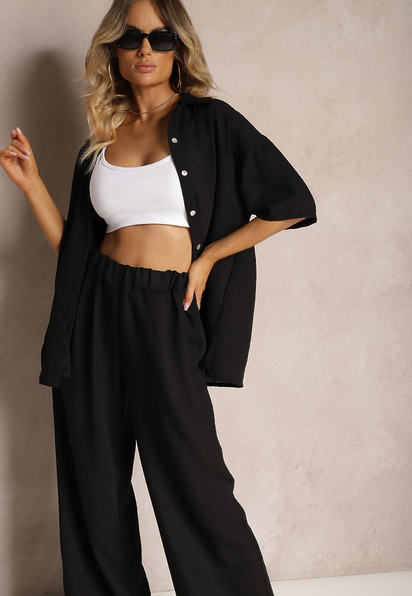 Czarny 2-Częściowy Komplet Koszula z Krótkim Rękawem Spodnie z Gumką w Pasie Vimacia
