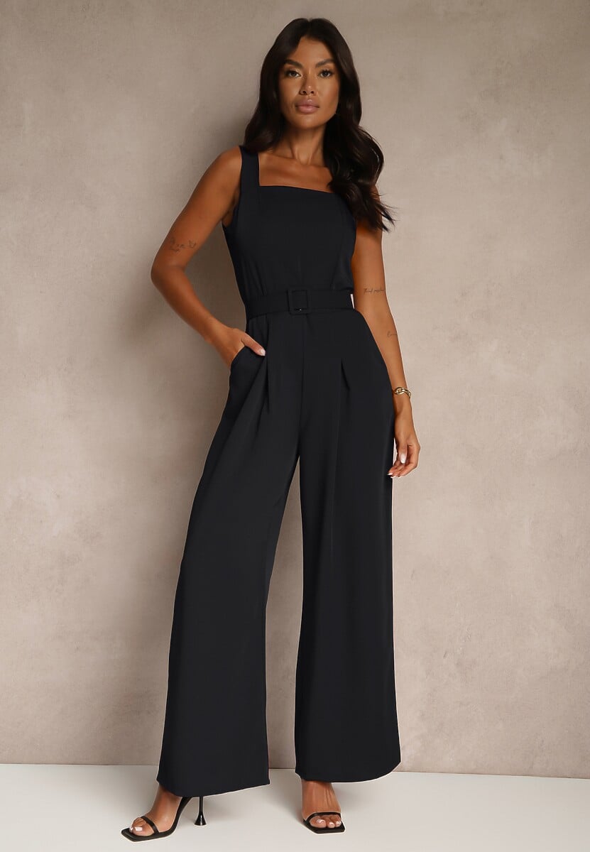 Granatowy Elegancki Kombinezon Ozdobiony Paskiem z Klamrą Dolanela