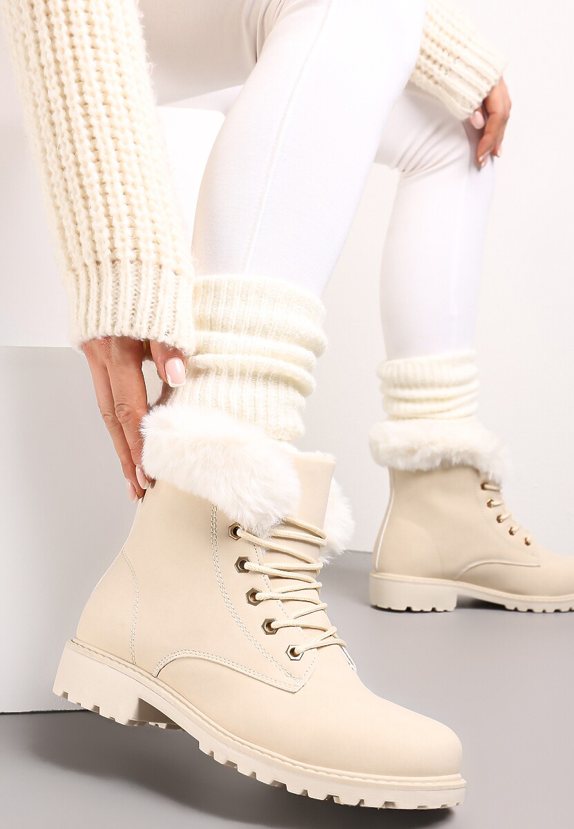 Beżowe Ocieplone Botki Trapery z Futerkiem Wokół Cholewki Atuval