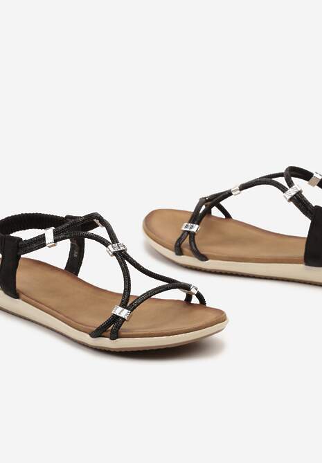 Czarne Wsuwane Sandały z Wkładką z Imitacji Skóry Ozdobione Cyrkoniami Deloema