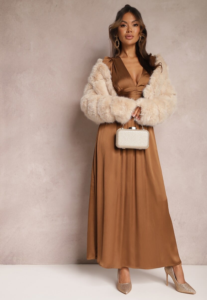 Brązowa Gładka Sukienka Maxi o Rozkloszowanym Kroju z Luźnymi Rękawami i Trójkątnym Dekoltem Biswas