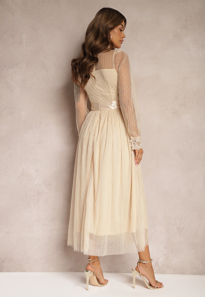 Jasnobeżowa Siateczkowa Sukienka Maxi o Rozkloszowanym Kroju z Ozdobną Koronką Narile