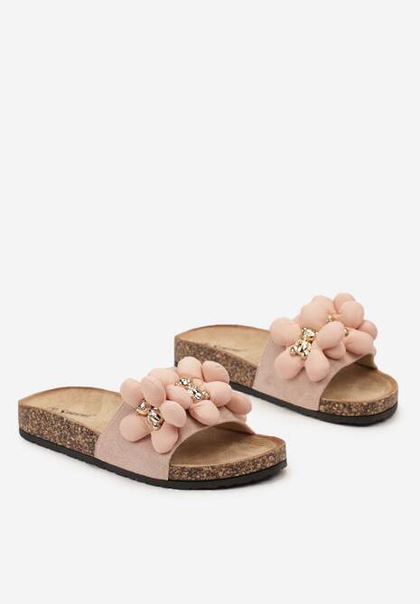Różowe Klapki ze Złotymi Misiami i Kwiatkami na Profilowanej Podeszwie Isaralle