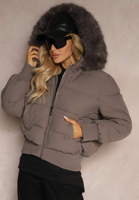 Ciemnoszara Kurtka z Pikowaniem i Szerokimi Ściągaczami Zdobiona Futrem przy Kapturze Inilora