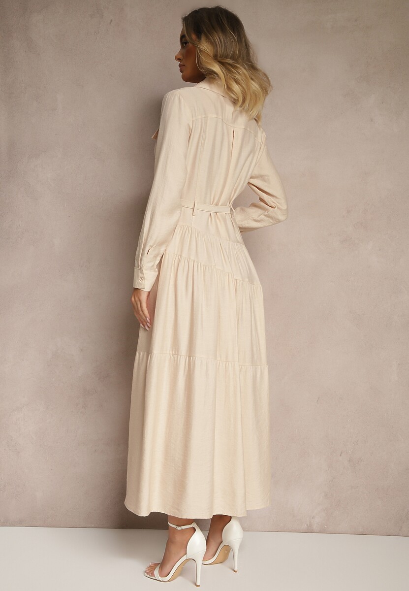 Beżowa Rozkloszowana Sukienka z Wiskozy z Guzikami i Paskiem Ronesa