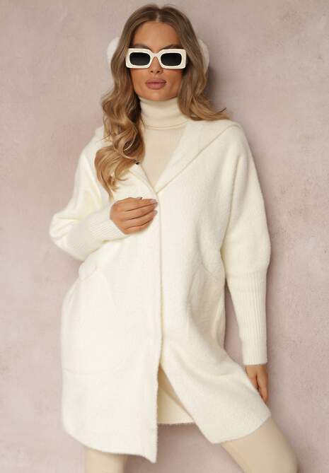 Jasnobeżowy Płaszcz Wełniany z Alpaką Oversize Długi z Kapturem Ortylia