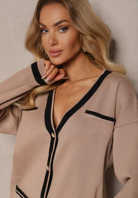 Beżowy Wiskozowy Komplet Kardigan na Guziki z Lamówką i Dopasowana Spódnica Tamorin