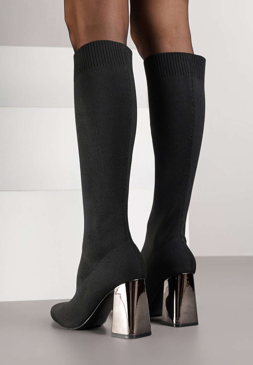 Czarne Skarpetkowe Kozaki VICES do Kolana na Metalicznym Słupku Rafenna