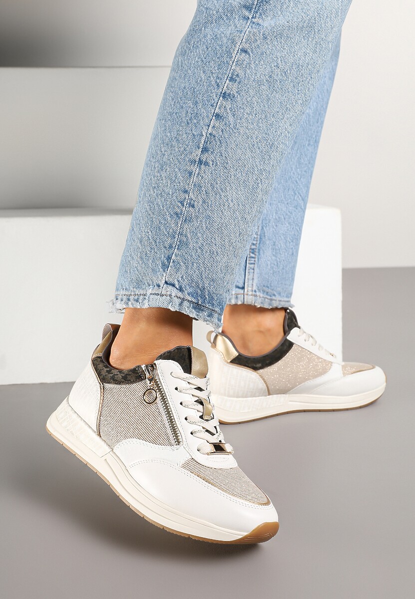 Beżowo-Złote Sneakersy z Wkładką ze Skóry Naturalnej Zdobione Suwakiem Fihanor