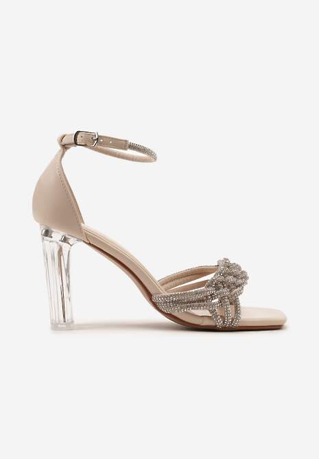 Beżowe Sandały z Ekoskóry na Transparentnym Słupku Zdobione Cyrkoniami ze Sprzączką Lotesa