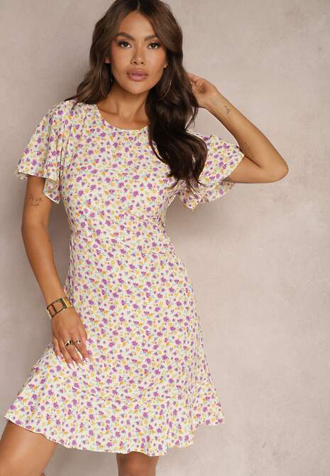 Beżowa Sukienka Midi o Pudełkowym Kroju w Kwiaty Kimbr