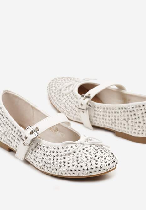 Białe Balerinki Mary Jane Ozdobione Kokardą i Cyrkoniami Lurisellia