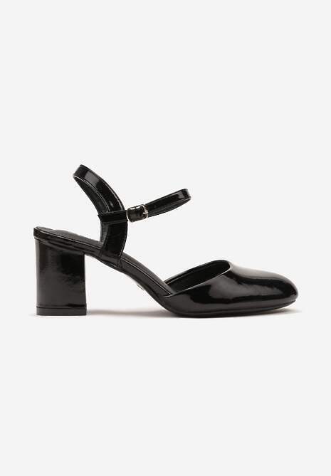 Czarne Czółenka Lakierowane na Sprzączkę z Kwadratowym Słupkiem Orieltia