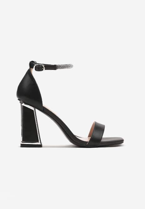 Czarne Sandały na Słupku z Metaliczną Wstawką i Cyrkoniami Xiramla