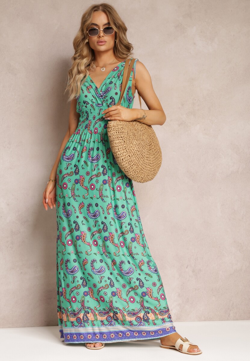 Zielona Sukienka Maxi we Wzór Pailsey z Rozkloszowanym Dołem i Gumką w Talii Kinslei