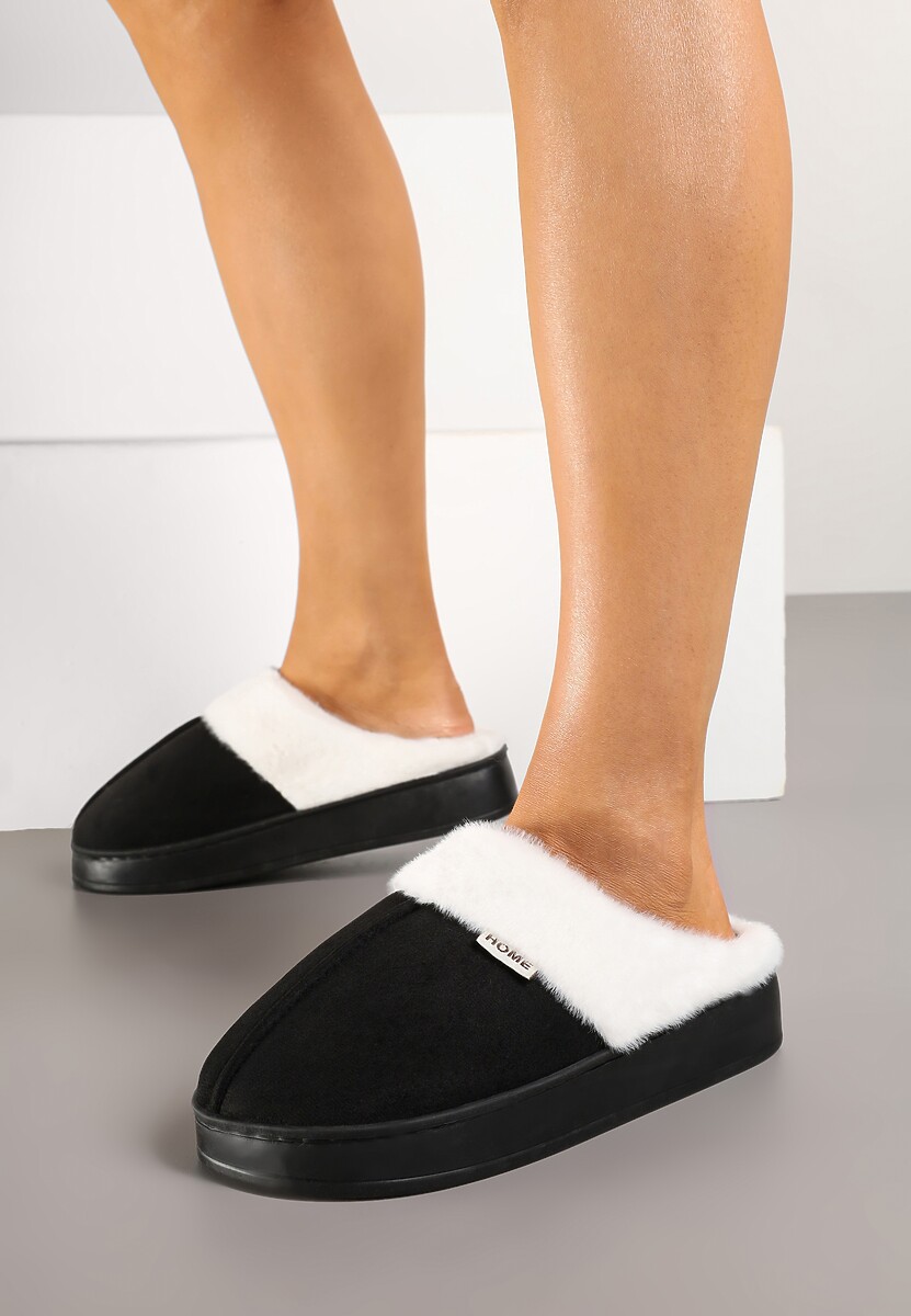 Czarne Klasyczne Kapcie Vices z Ozdobnym Futrem Eleahilde