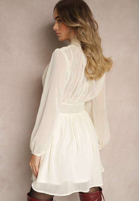 Beżowa Rozkloszowana Sukienka z Półprzeźroczystymi Wstawkami i Stójką Gelabine