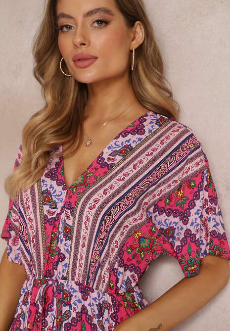 Fuksjowa Wiskozowa Sukienka Maxi z Gumką w Pasie i Falbanką Cophine