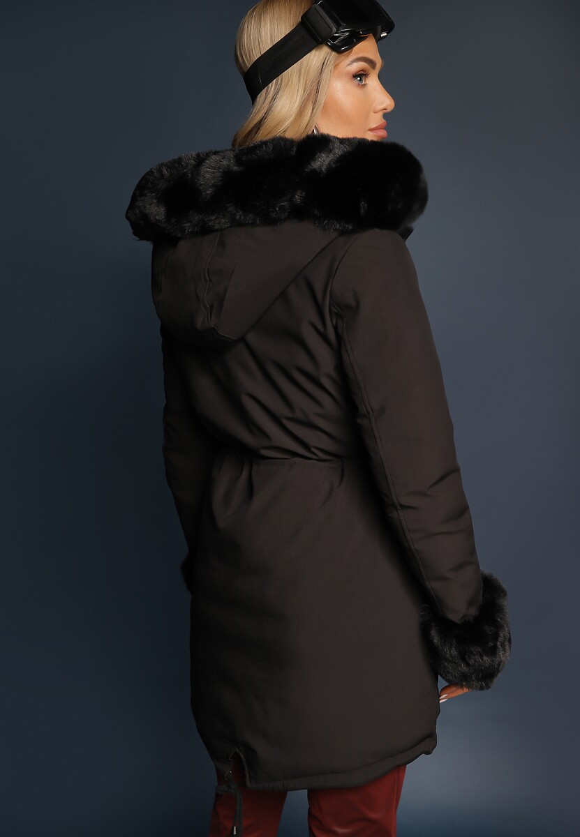 Czarna Dwustronna Kurtka o Fasonie Parki z Kapturem i Odpinanym Futerkiem Nevetalie