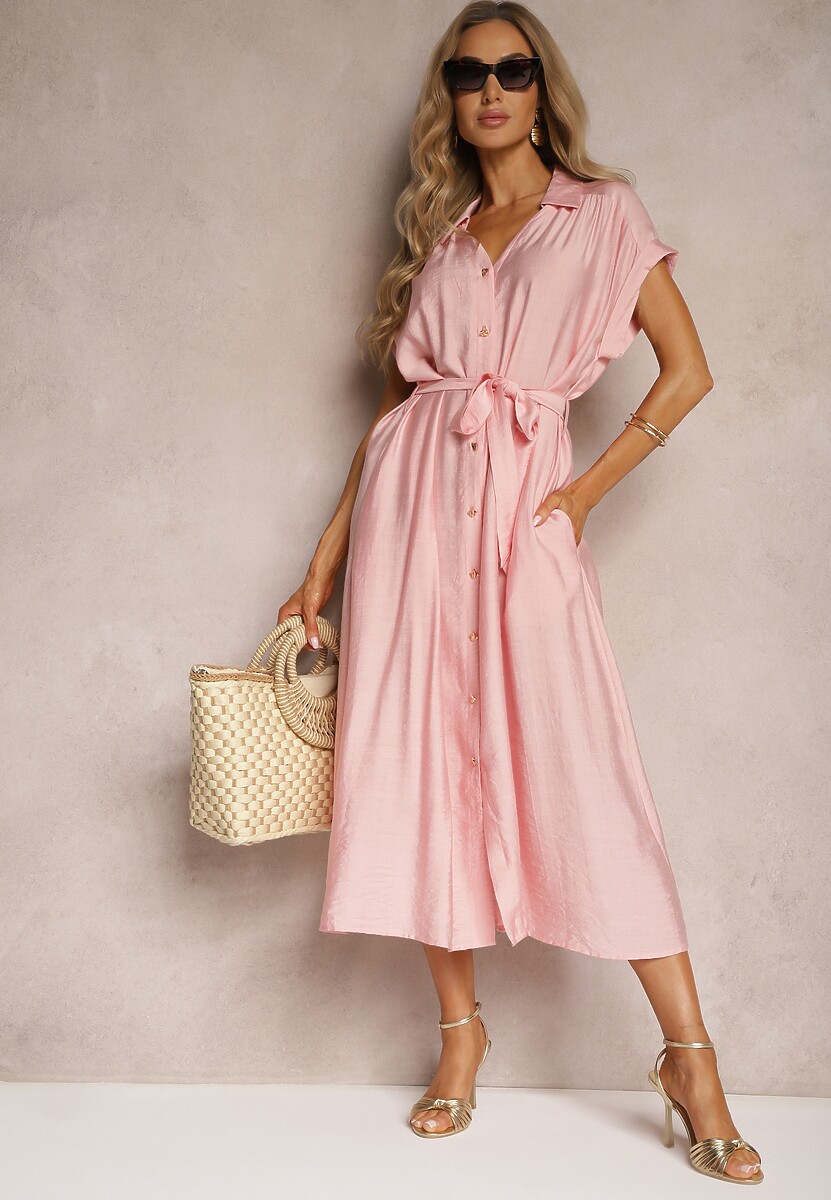 Różowa Rozkloszowana Sukienka o Koszulowym Kroju Ozdobiona Paskiem w Talii i Guzikami Rosofia